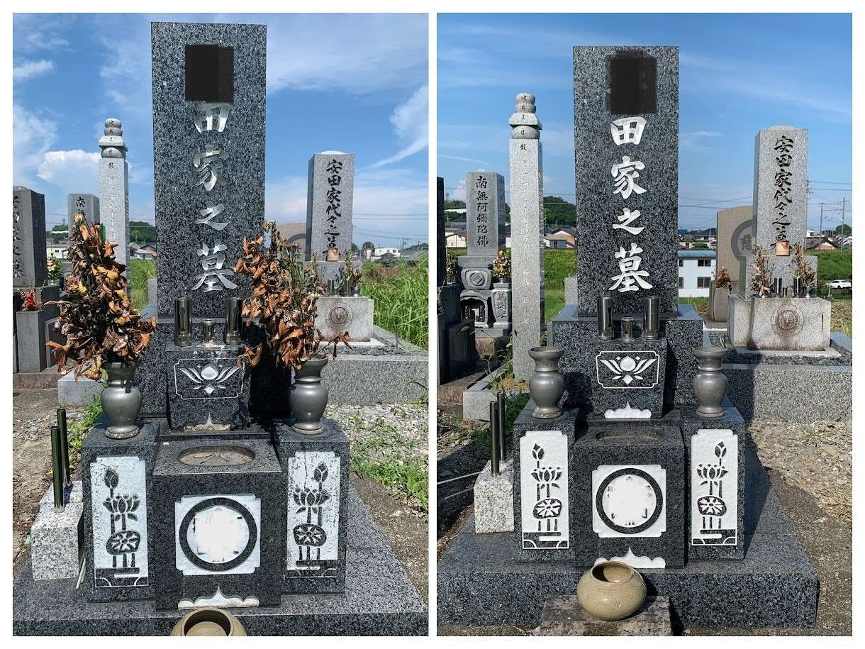 2025年7月施工　文字色入れ　墓石の色が濃いので映えます。